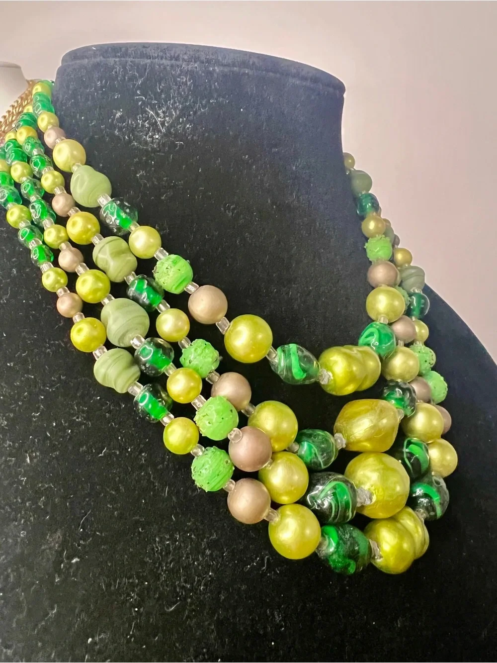 JAPAN Green & Gold Multi-Strand Beaded Necklace